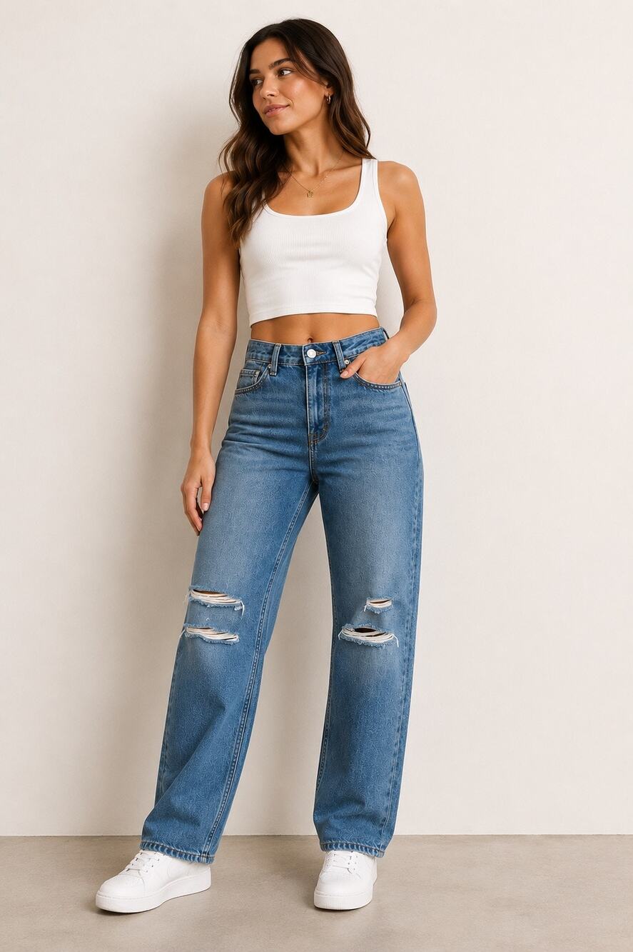NWT ZGY Denim High Rise Straight Leg Distressed Organic Cotton Jeans 30